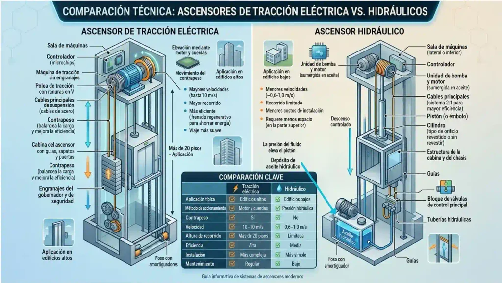 Infografía de las partes de un ascensor eléctrico e hidráulico