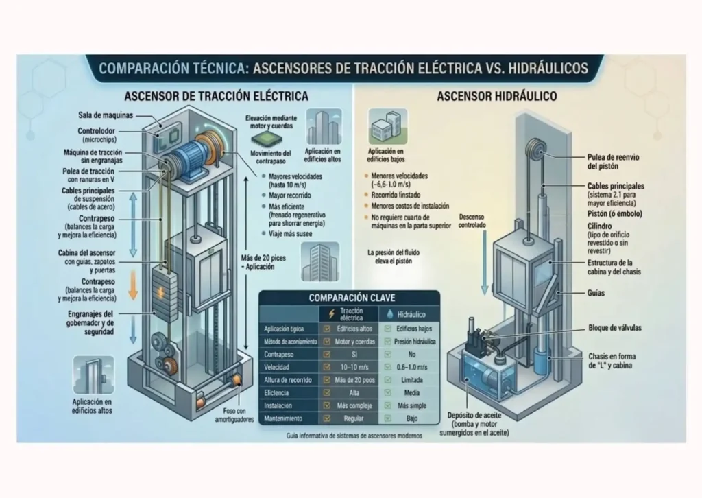 Infografía de las partes de un ascensor eléctrico e hidráulico