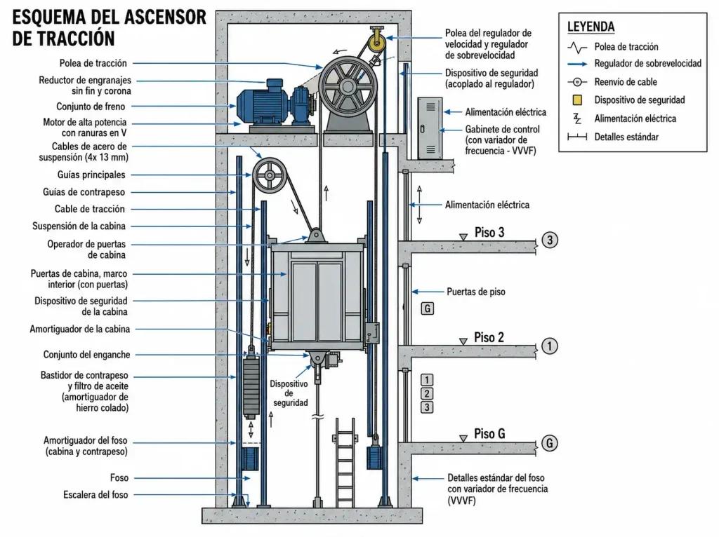 Esquema de tracción de un ascensor eléctrico